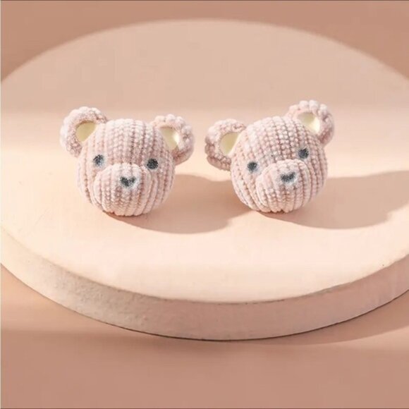 Plush Bear Head Cream and Gray Knitted Teddy Bear StudEarrings - Picture 5 of 5